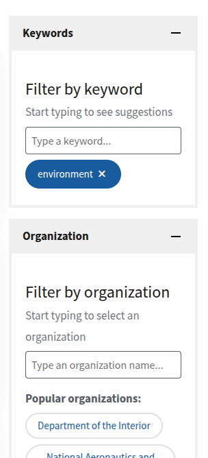 Data.gov catalog search filters