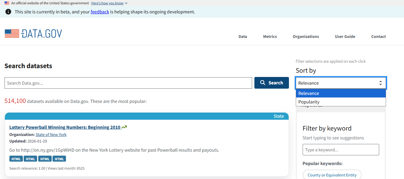 Data.gov catalog sort by